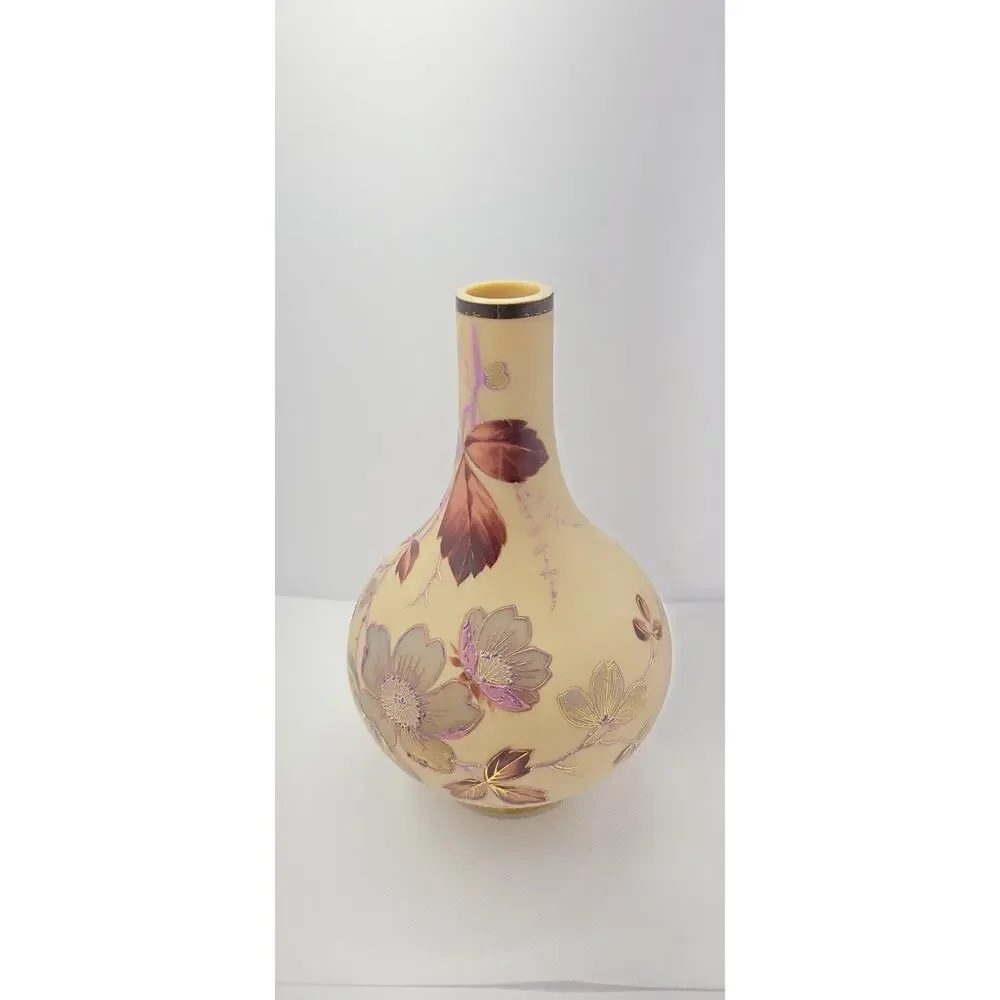 Floral Moriage Style Vase Raised Enamel Pink Gold Cream Decorative 9